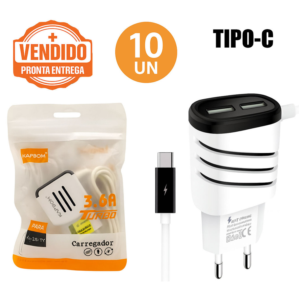 Kit 10 Carregador Celular Turbo 3.6A Tipo-C Rápido Turbo Bivolt Portátil P/ Smartphones e Tablet