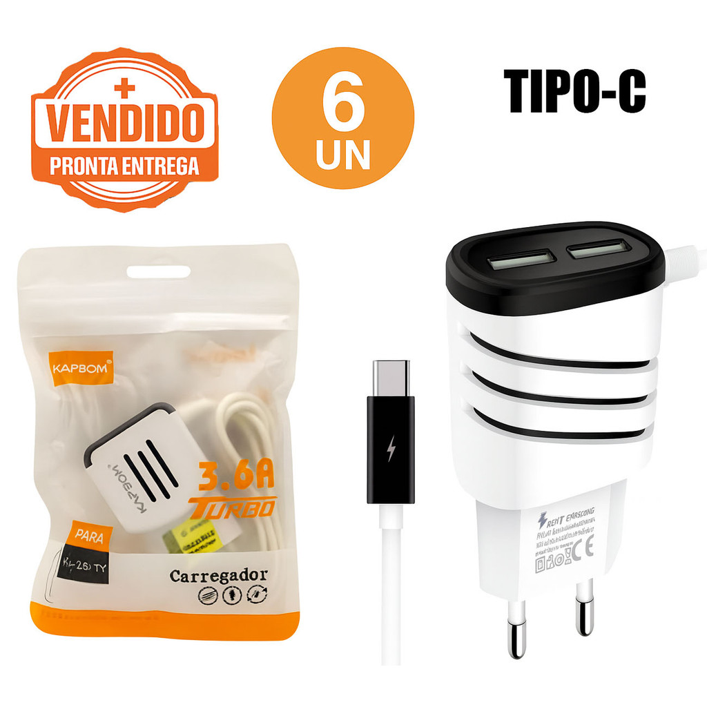 Kit 6 Carregador Celular Turbo 3.6A Tipo-C Rápido Turbo Bivolt Portátil P/ Smartphones e Tablet