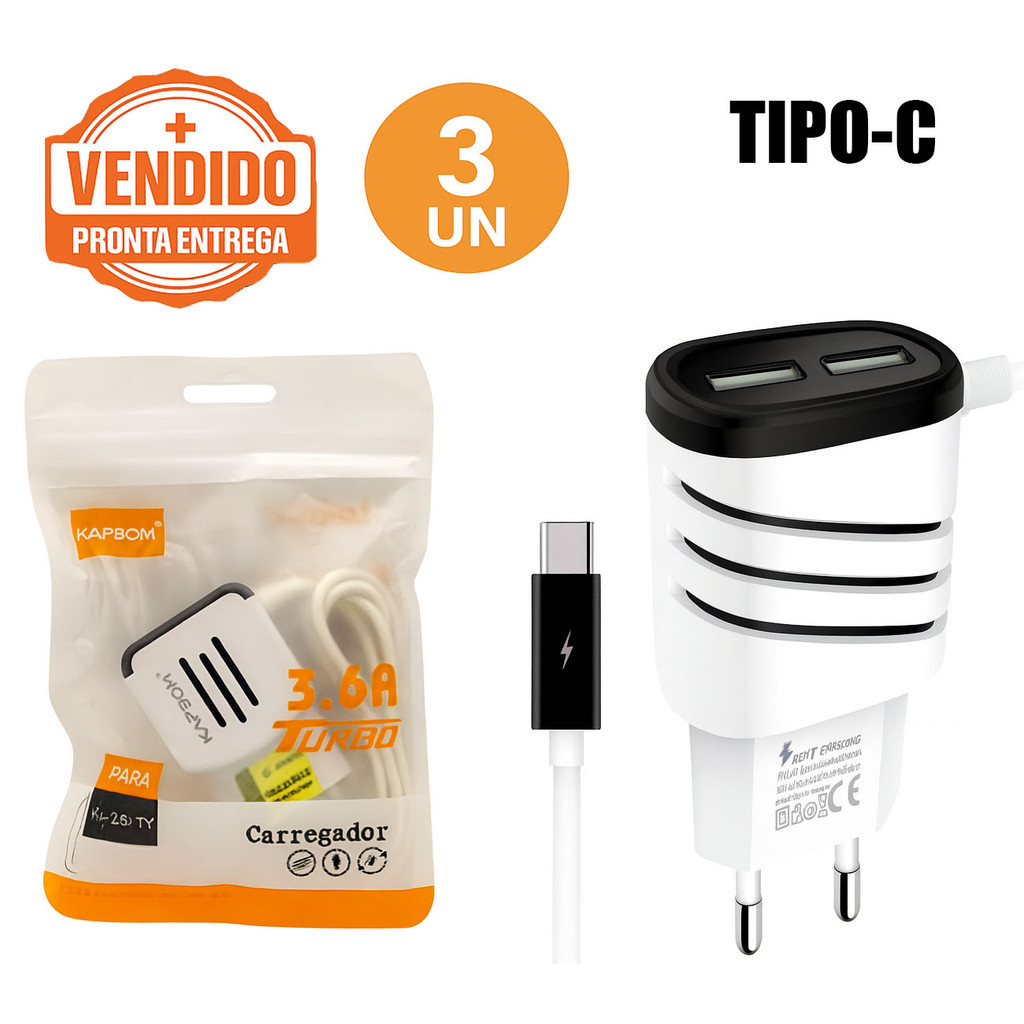 Kit 3 Carregador Celular Turbo 3.6A Tipo-C Rápido Turbo Bivolt Portátil P/ Smartphones e Tablet