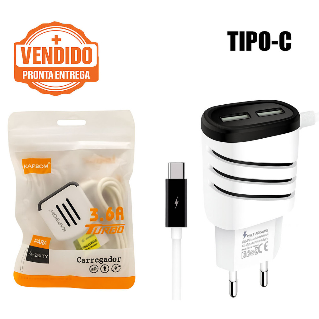 Carregador Celular Turbo 3.6A Tipo-C Rápido Turbo Bivolt Portátil Compatível Smartphones e Tablet