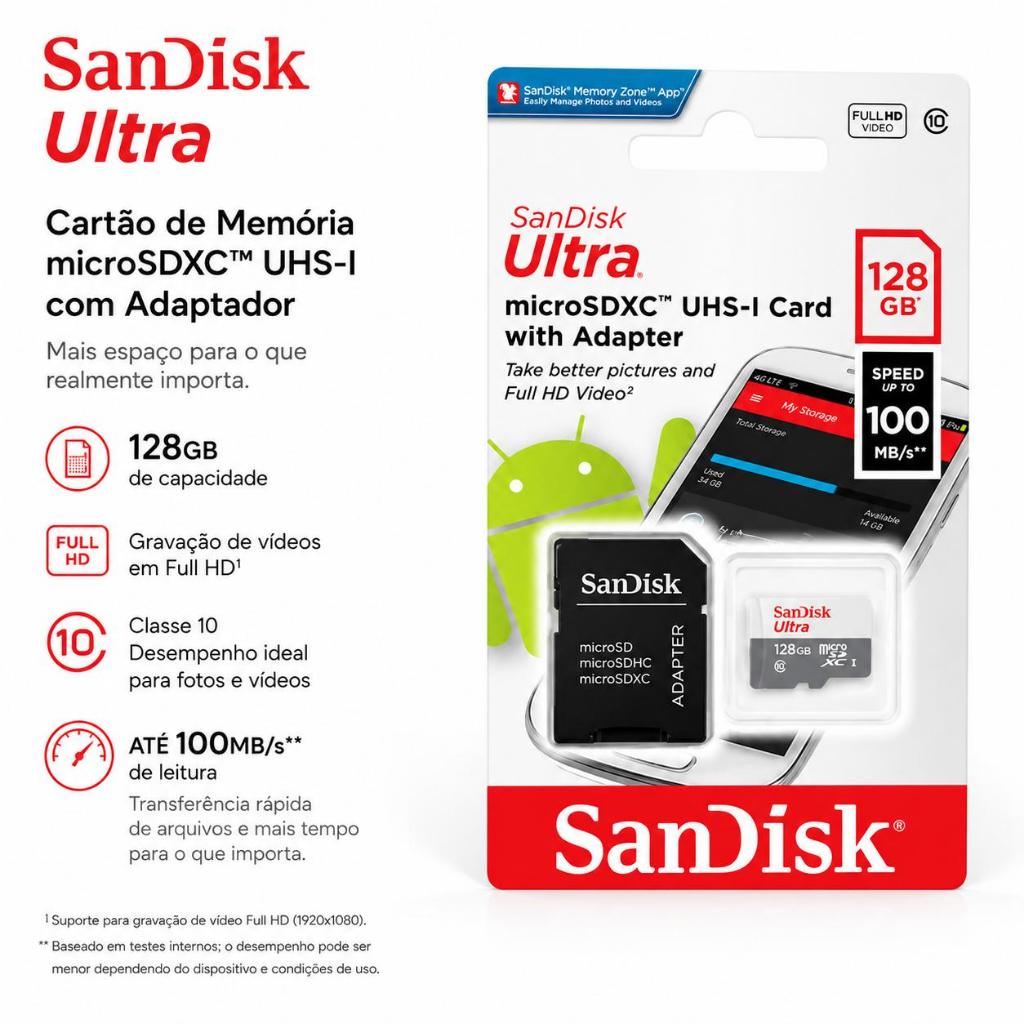 Cartão de memória SanDisk 128GB Classe 10 Com Adaptador Original top