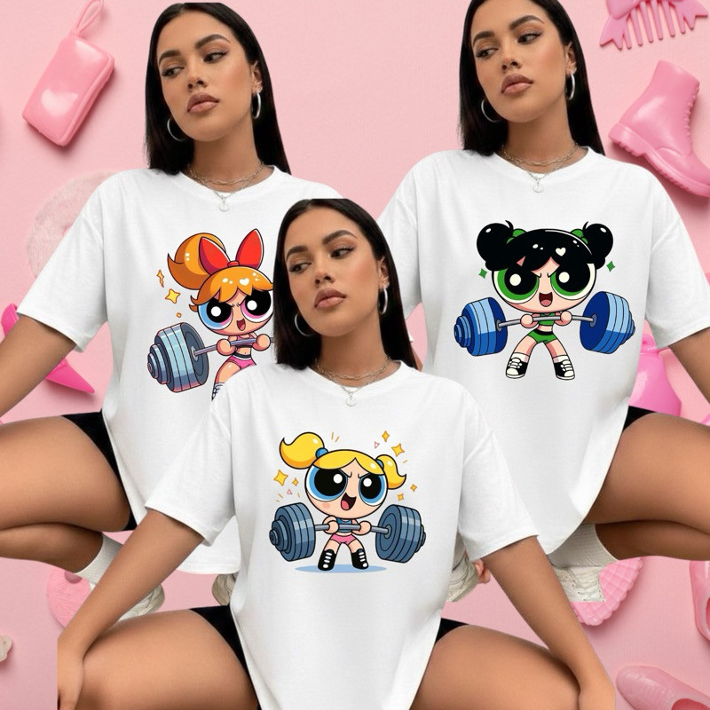 Kit 3 Camisetas Oversized Academia – Estilo Cartoon Girl Gym / Powerlifting