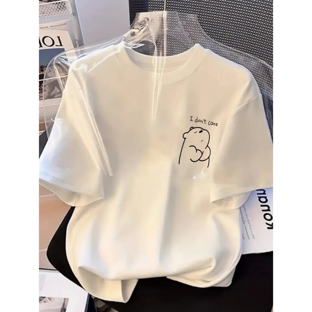 Camiseta Feminina Estilo Y2K Branca com Estampa de Urso Cartoon Manga Curta - Leve e Respirável para Primavera/Verão - L