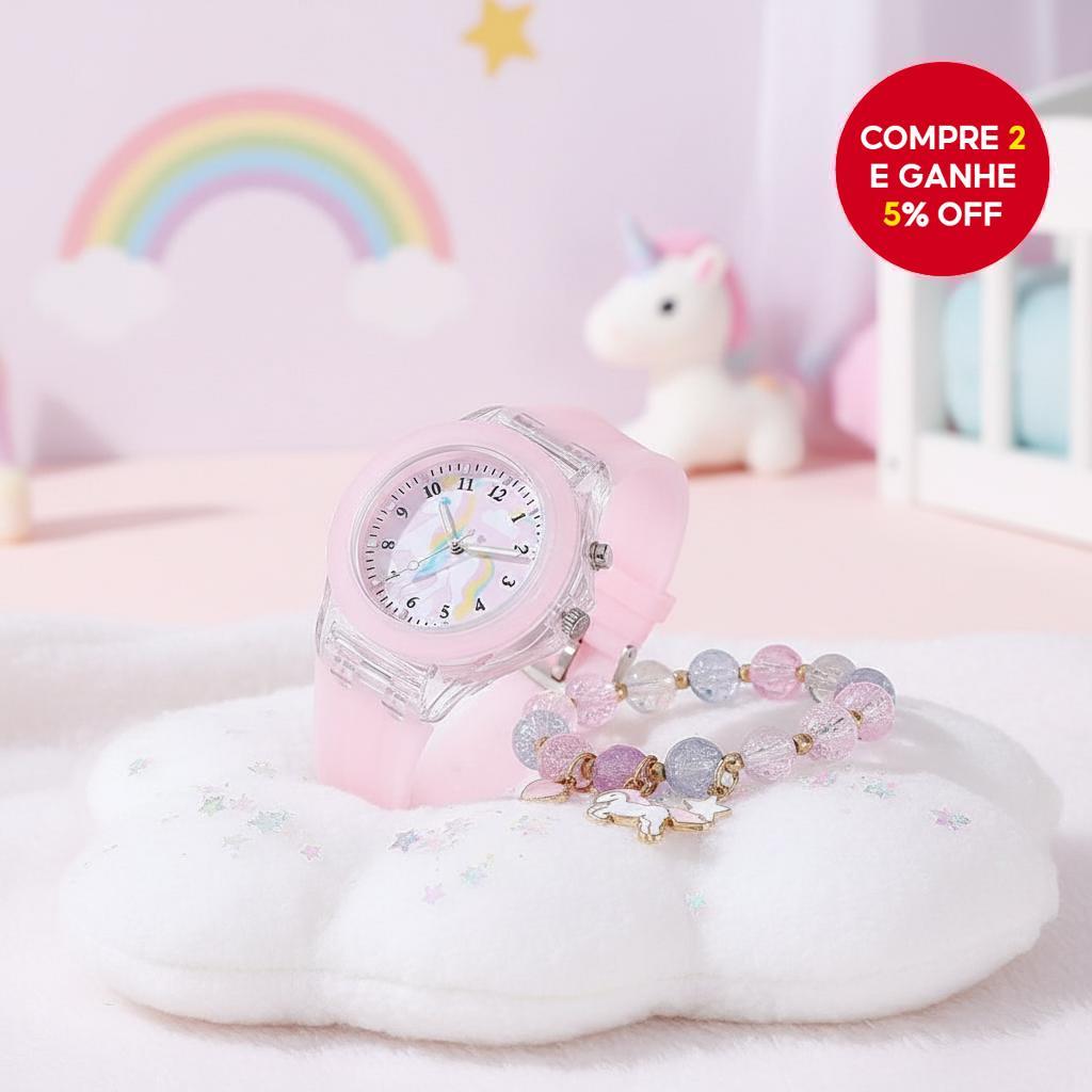 Relógio Infantil Unicórnio Cartoon Luminoso Conjunto Pulseira Quartzo Relógio Infantil Presente Sem Caixa