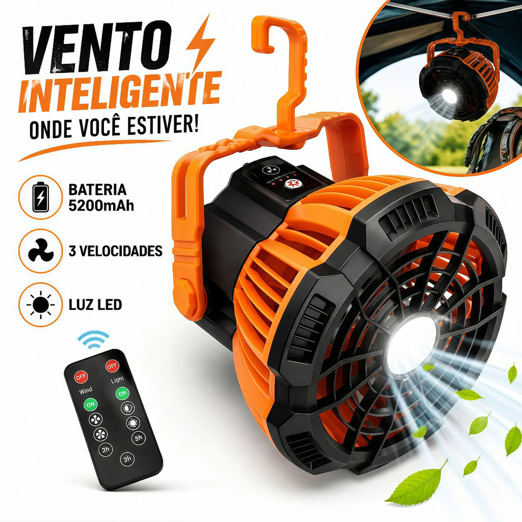 Ventilador Portátil Recarregável 5200mAh com LED, Controle Remoto e Gancho para Camping