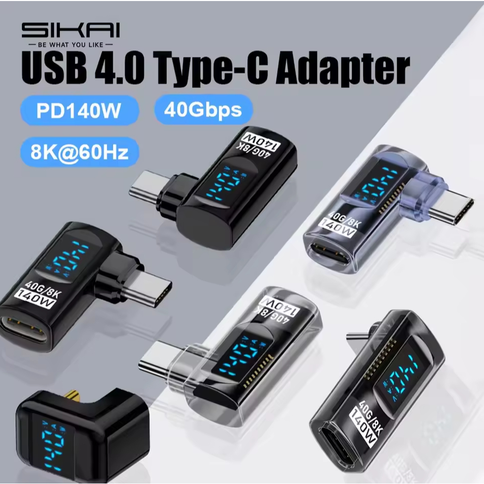 Adaptador USB Tipo C com display, 90 graus, lateral, vertical, Carregamento até 140W - USB4 até 40gbps