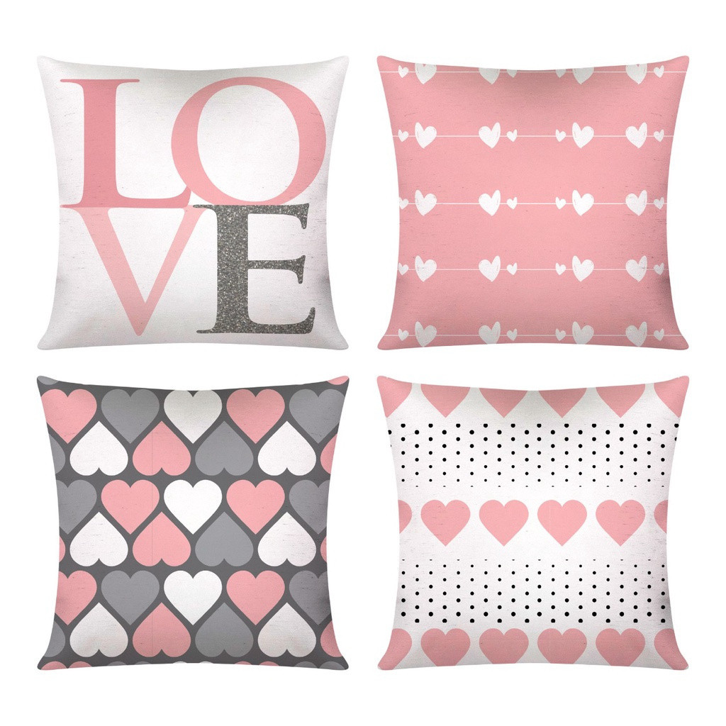 Kit c/ 4 Capas de Almofada Decorativas Modern Print 45x45 LOVE CORAÇÃO ROSA