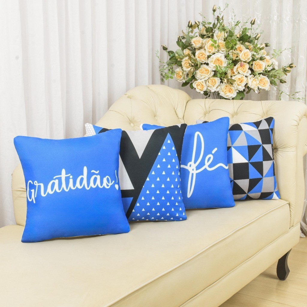 Kit com 4 Capas de Almofada Decorativas Modern Print 45x45 - Gratidão Azul Royal