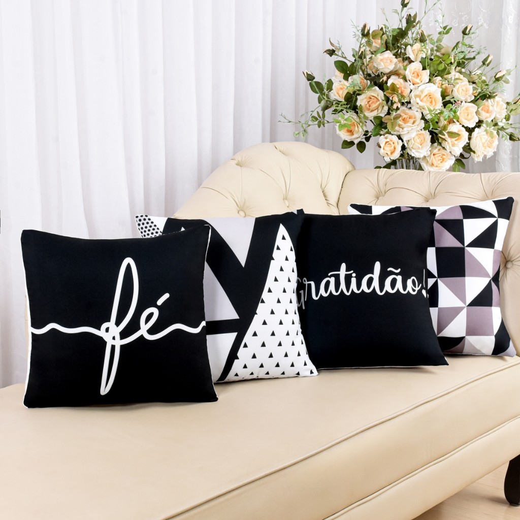 Kit com 4 Capas de Almofada Decorativas Modern Print 45x45 - Gratidão Preta
