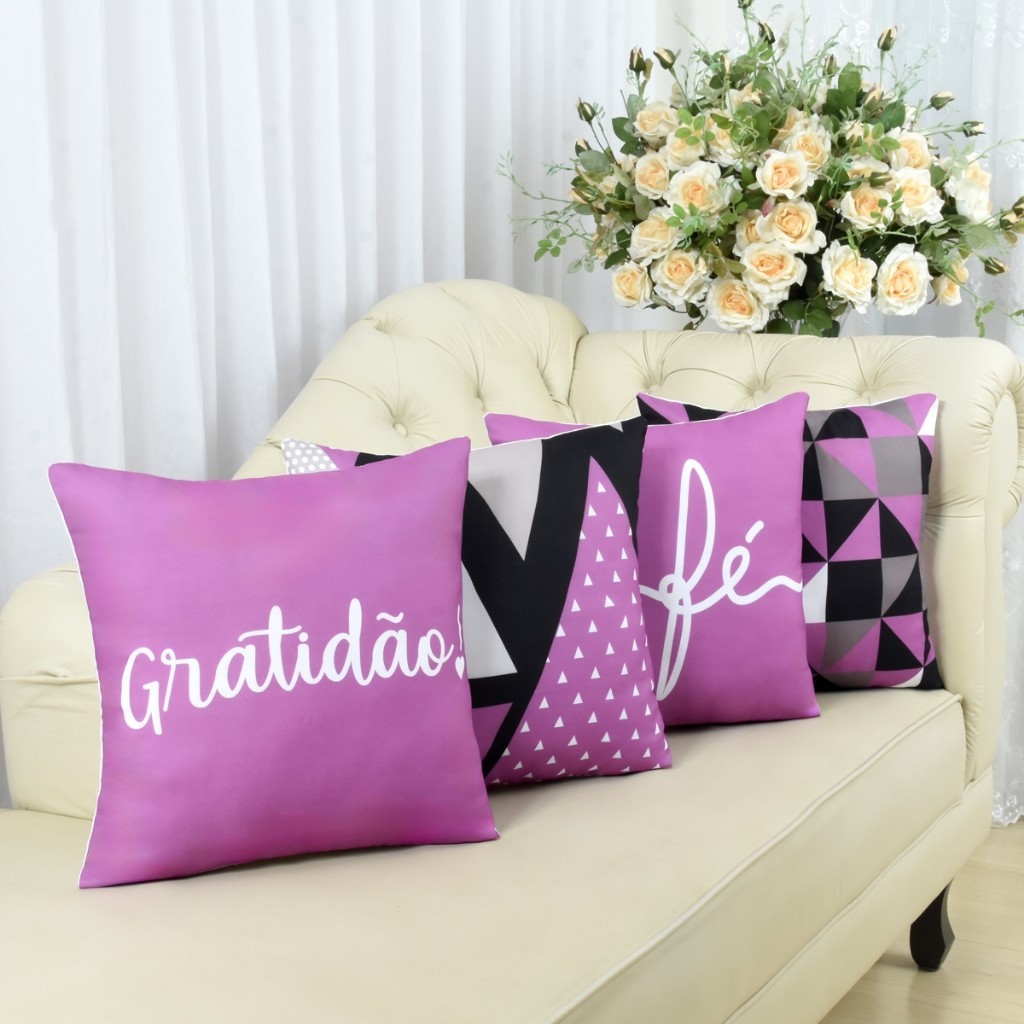 Kit com 4 Capas de Almofada Decorativas Modern Print 45x45 - Gratidão Lilás