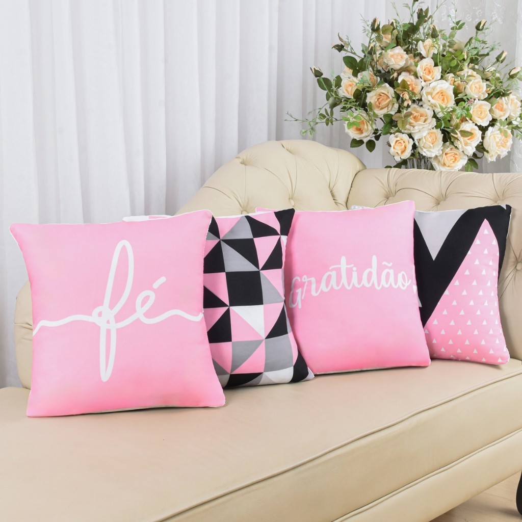 Kit com 4 Capas de Almofada Decorativas Modern Print 45x45 - Gratidão Rosa