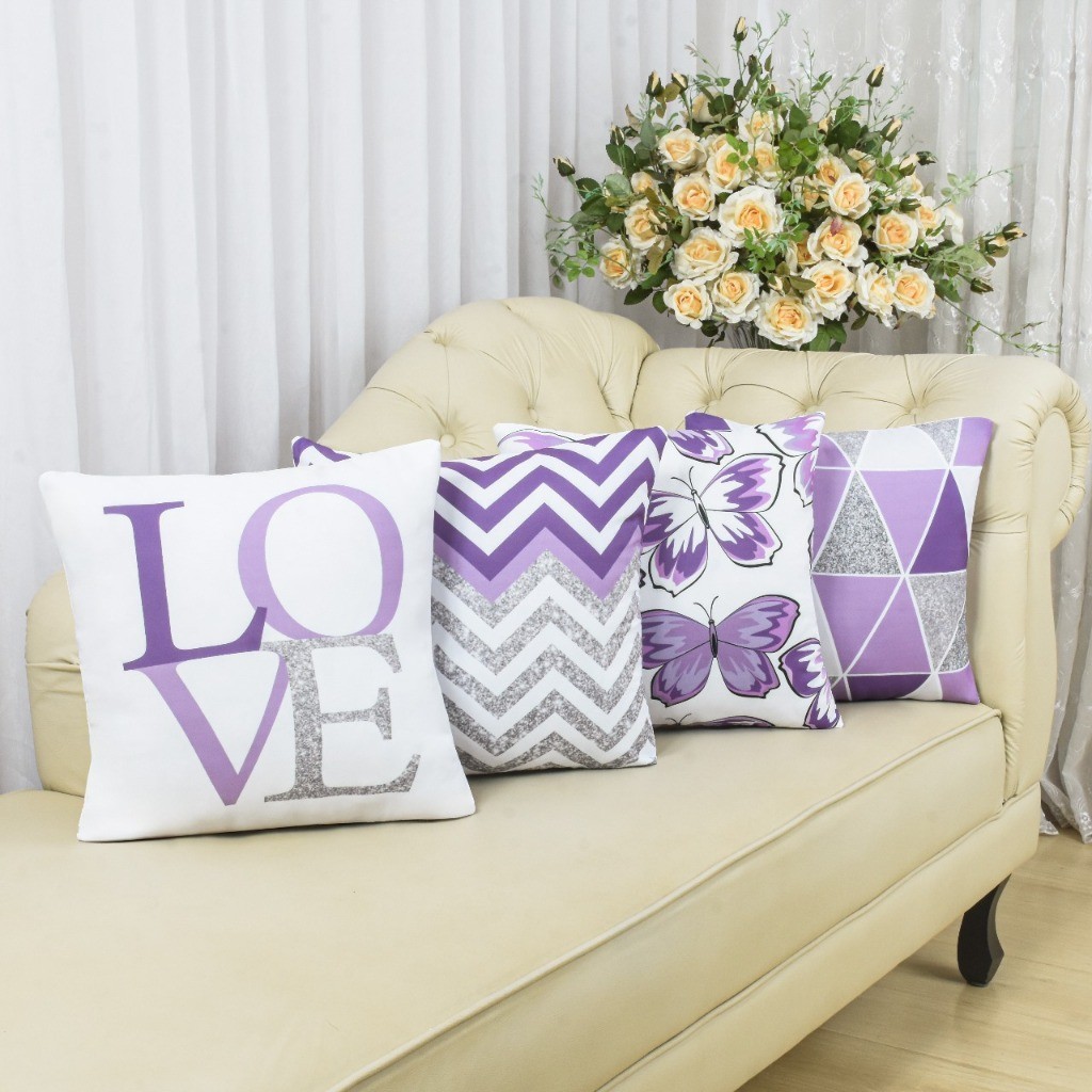 Kit com 4 Capas de Almofada Decorativas Modern Print 45x45 - Borboleta Lilás