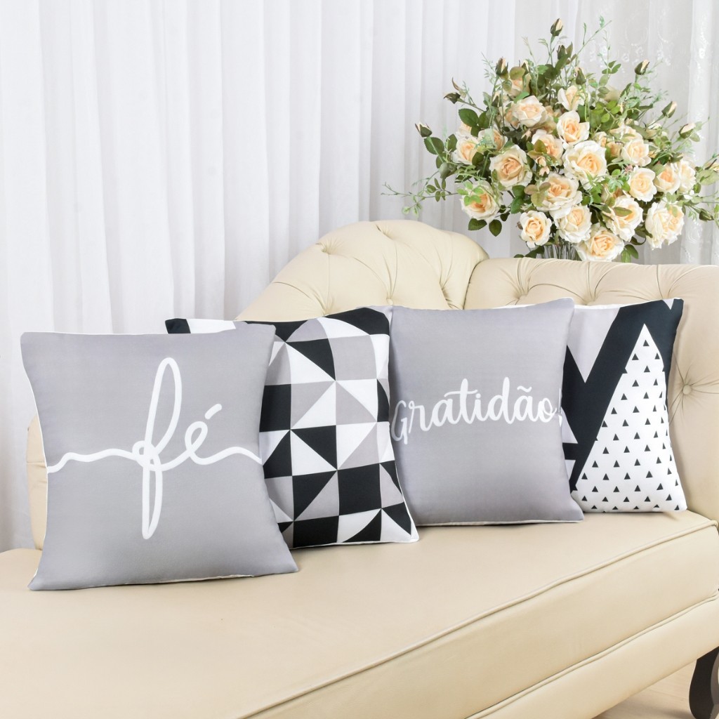 Kit com 4 Capas de Almofada Decorativas Modern Print 45x45 - Gratidão Cinza