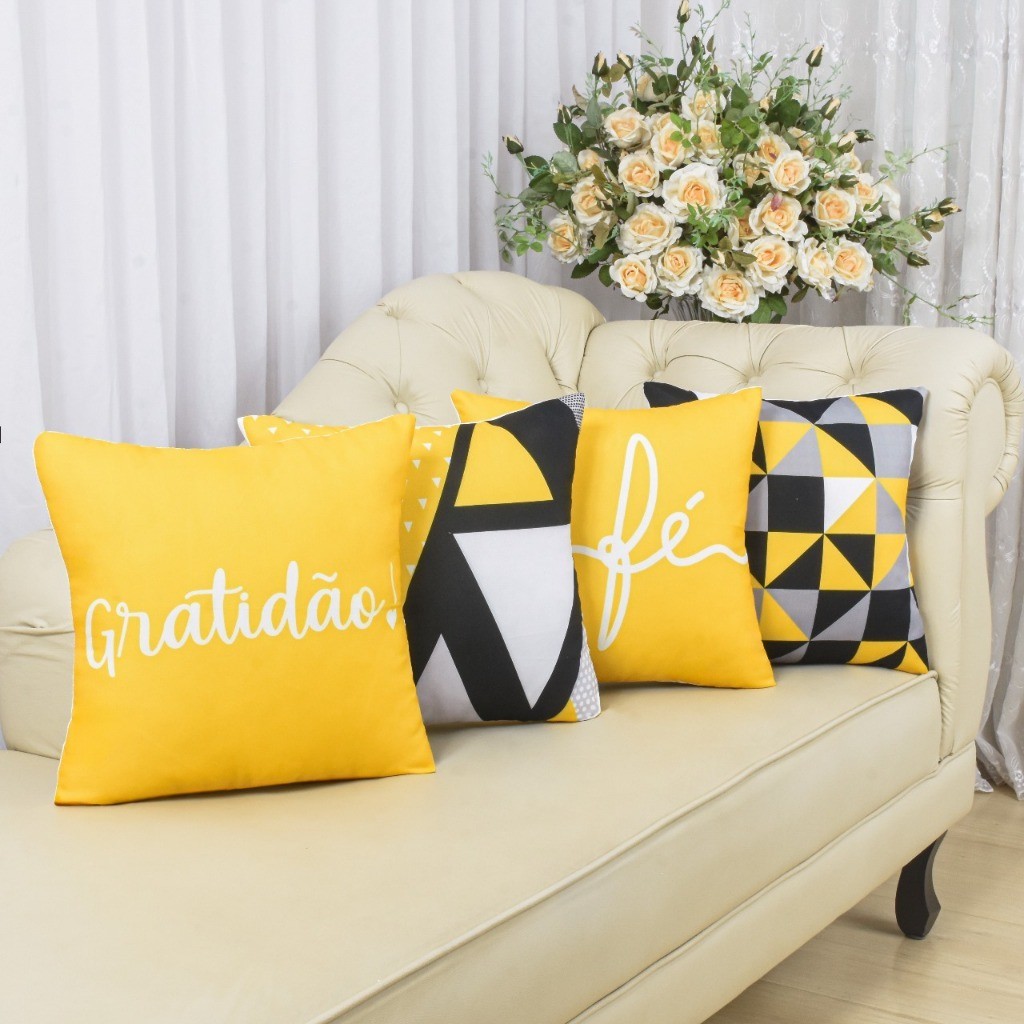 Kit com 4 Capas de Almofada Decorativas Modern Print 45x45 - Gratidão Amarela