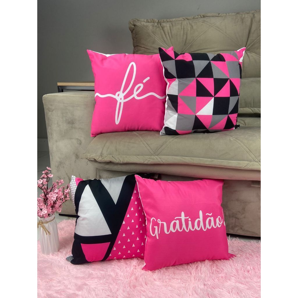 Kit com 4 Capas de Almofada Decorativas Modern Print 45x45 - Gratidão Pink