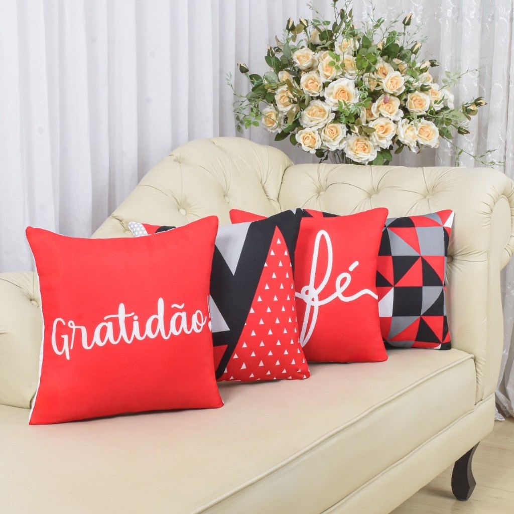 Kit com 4 Capas de Almofada Decorativas Modern Print 45x45 - Gratidão Vermelha