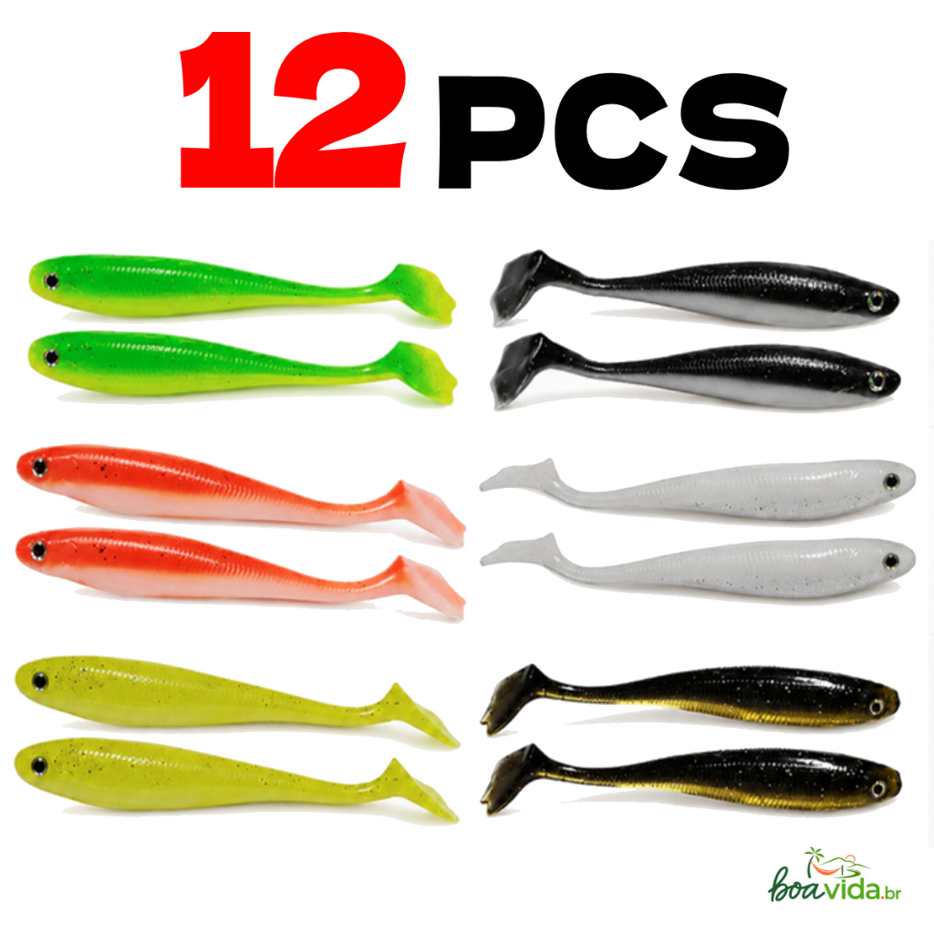 Kit 12 Isca Soft Artificial Pesca Grub Shad De Silicone Para Traira Tucunaré Black Bass Dourado