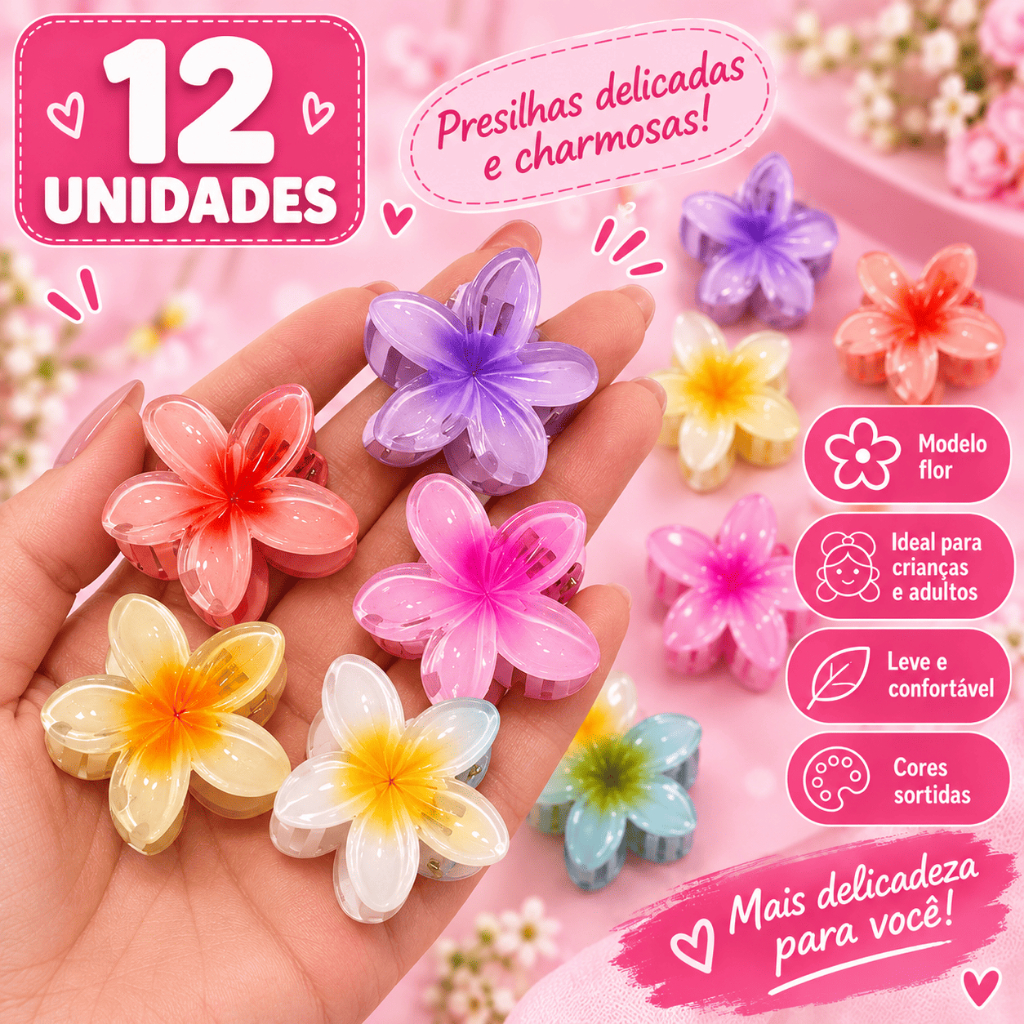 Kit 12 Presilhas Mini Prendedor De Cabelo Piranha Flor Verão Moda 4cm Pequeno Cores Vibrantes Menina Feminino