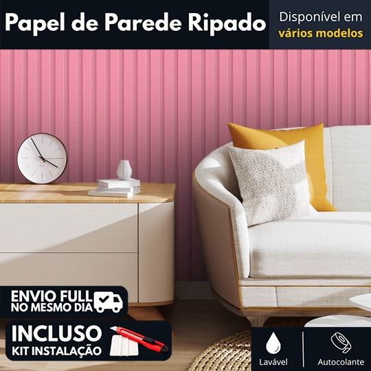 Papel de Parede Rosa Ripado Adesivo Lavável 3 Metros DIY Autoadesivo Fácil Aplicar Decoração