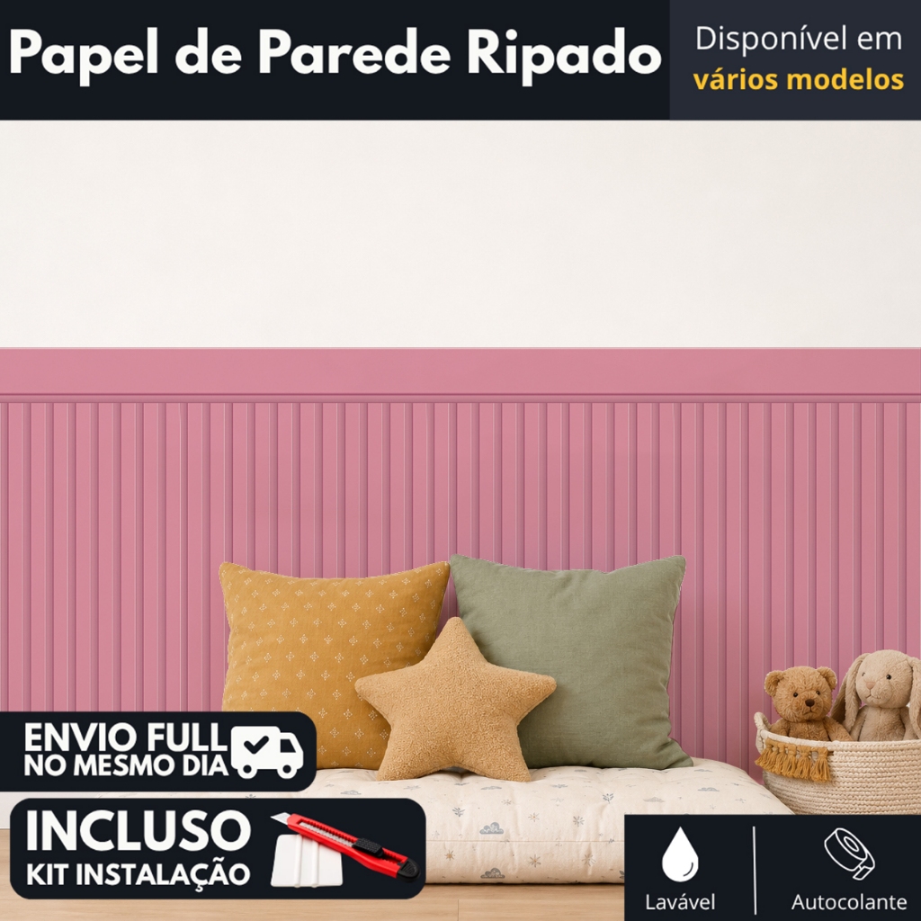 Papel de Parede Ripado Rosa Lavável Adesivo Autoadesivo DIY Fácil Aplicar Decoração Top