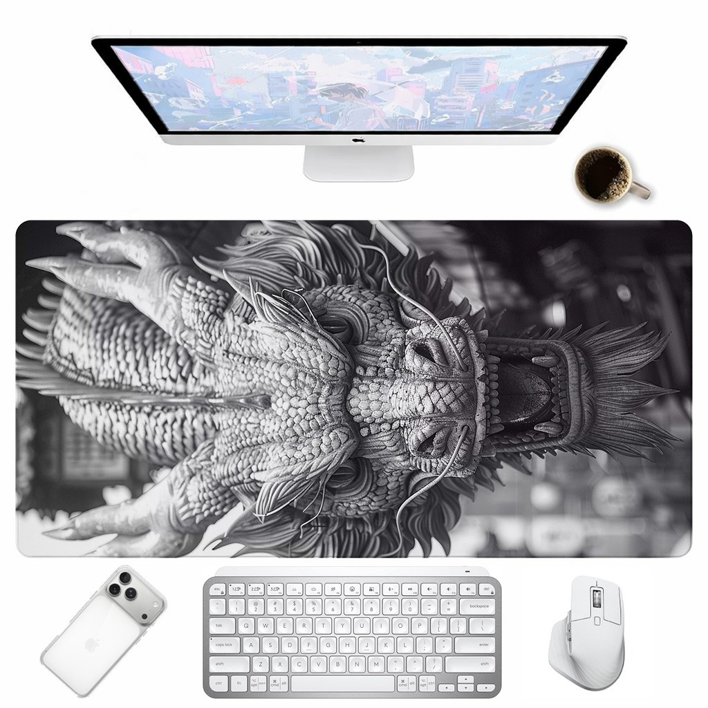 Desk Mat Dragão Oriental Preto e Branco Mouse Pad Gamer Para Mesa PC Teclado Acessório