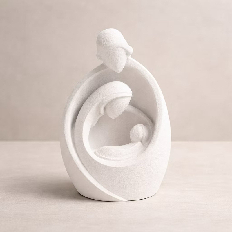 Escultura Sagrada Família 15cm Moderna - Estátua Religiosa Decorativa Minimalista Branca