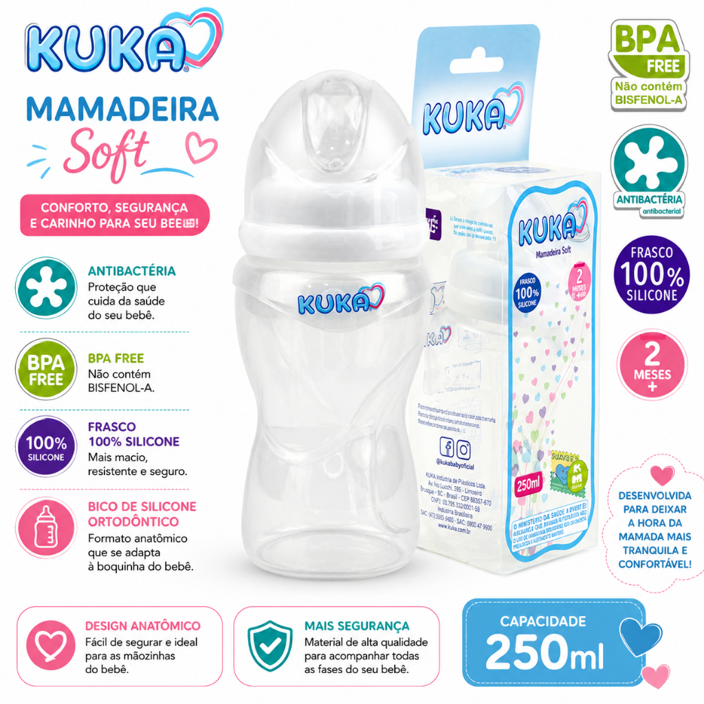 Mamadeira Kuka Soft 100% Silicone 250ml – Bico Ortodôntico (6m+)