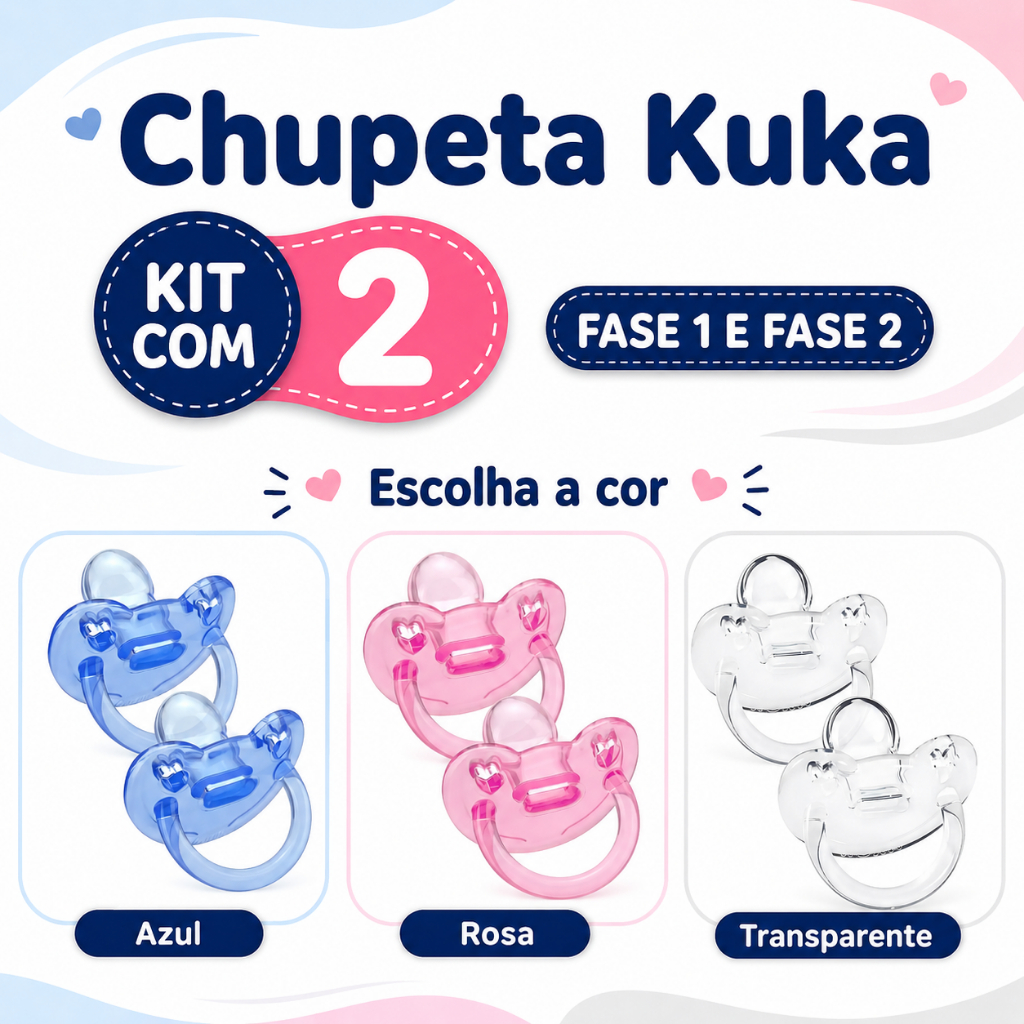 Kit 2 Chupetas Kuka Soft Silicone Ortodôntica - Fase 1 (0-6m) ou Fase 2 (+6m)