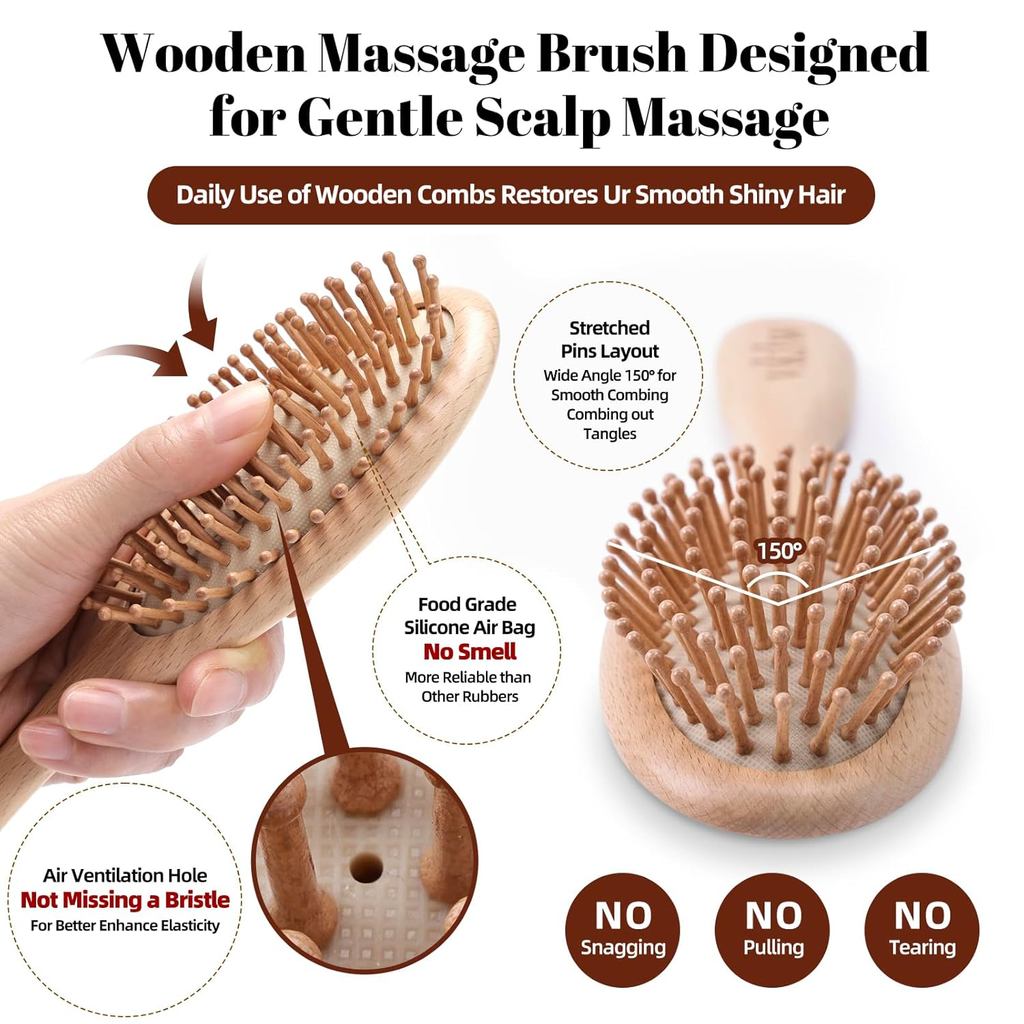 Wooden Hair Brush and Comb, One-piece Design, Reduce Frizz and Static, Massage Scalp, Detangling Paddle Hairbrush for Wo