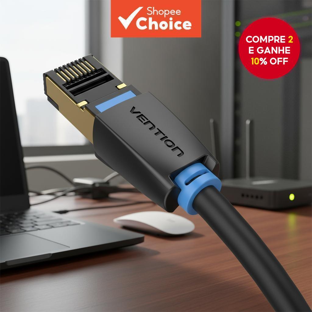 Cabo Ethernet Vention Cat8 40Gbps com Blindagem SFTP e Conectores RJ45 Banhados a Ouro, Ideal para Modems, Laptops, PCs