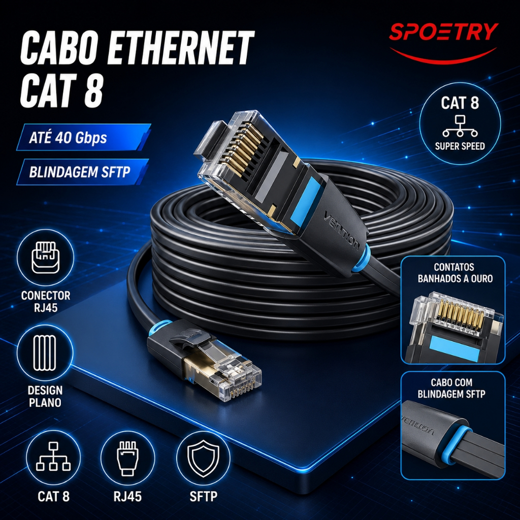 Cabo Ethernet Vention Cat8 40Gbps Super Speed SFTP Cabo de Rede Lan com Conector banhado a ouro RJ45 para Modem