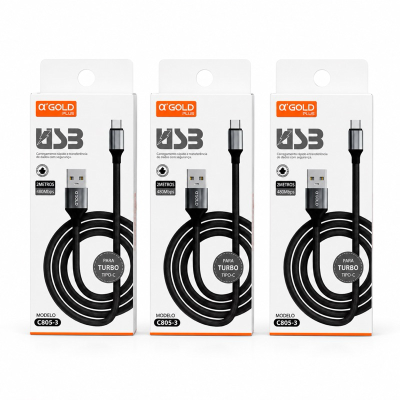 Kit 3 Cabos USB Tipo C 2 Metros Turbo Carregamento Rápido Android Reforçado 480Mbps