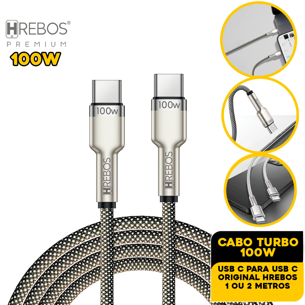 Cabo Carregador Turbo Reforçado 100W Premium de 1 e 2 Metros 480mbps