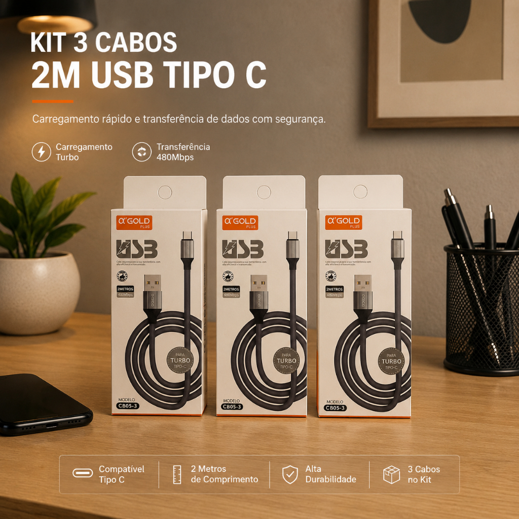 Kit 3 Cabos USB Tipo C 2 Metros Turbo Carregamento Rápido Android Reforçado 480Mbps Original Agold