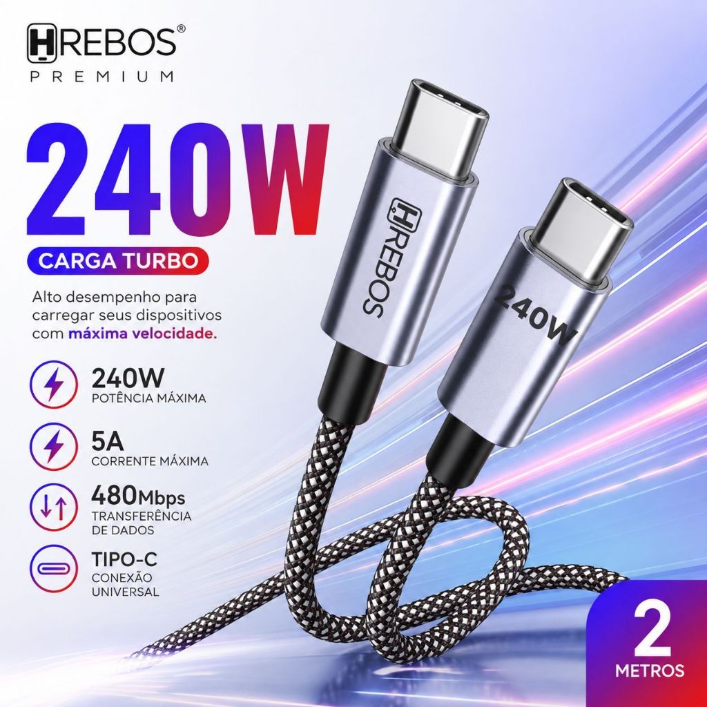 Cabo 240W Tipo C (USB-C) 1 Metro Turbo de Alta Performance Corrente 5A 480Mbps