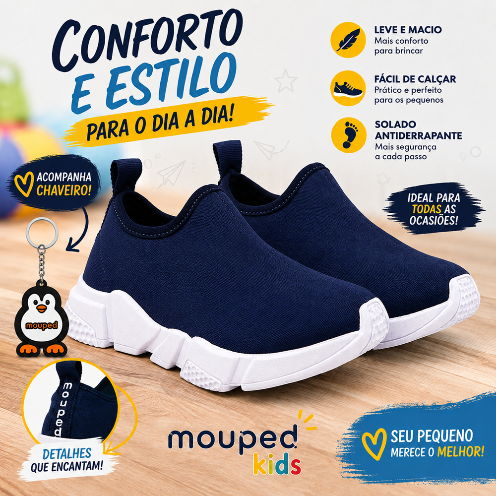 Tênis Calce Fácil Infantil Masculino Feminino Escolar Básico Antiderrapante Macio Azul com Chaveiro