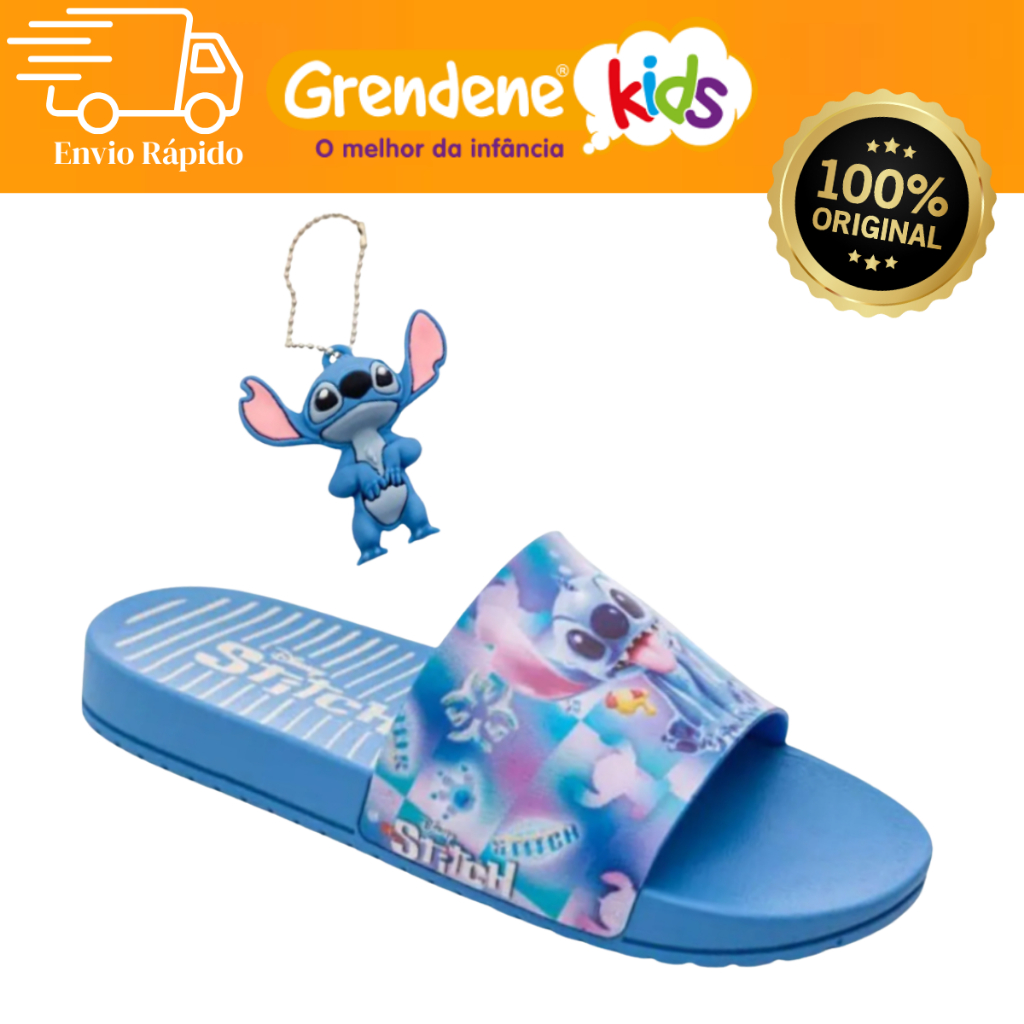 Chinelo Slide Grendene Kids 23406 Infantil Stitch Com Chaveiro Calce Fácil Confortável