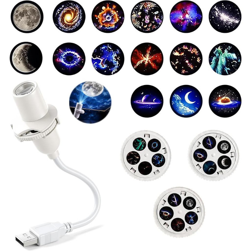 USB Galaxy Projector Nightlight, 15 Pattern Slides, Car and Bedroom Decorations