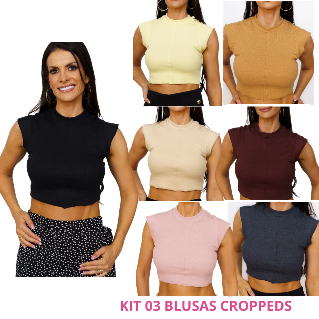 Kit 3 Blusas Cropped Feminino Ribana Canelada Premium - Top - Modinha - Chique - Trend - Verão