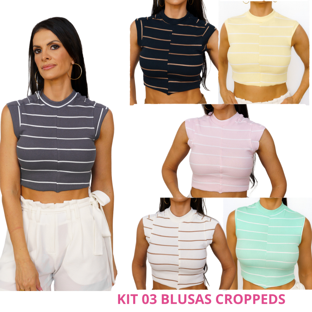 Kit 3 Peças Top Cropped Feminino Canelado Premium - Modinha - Verão - Top - Modela - Comfy - Trend