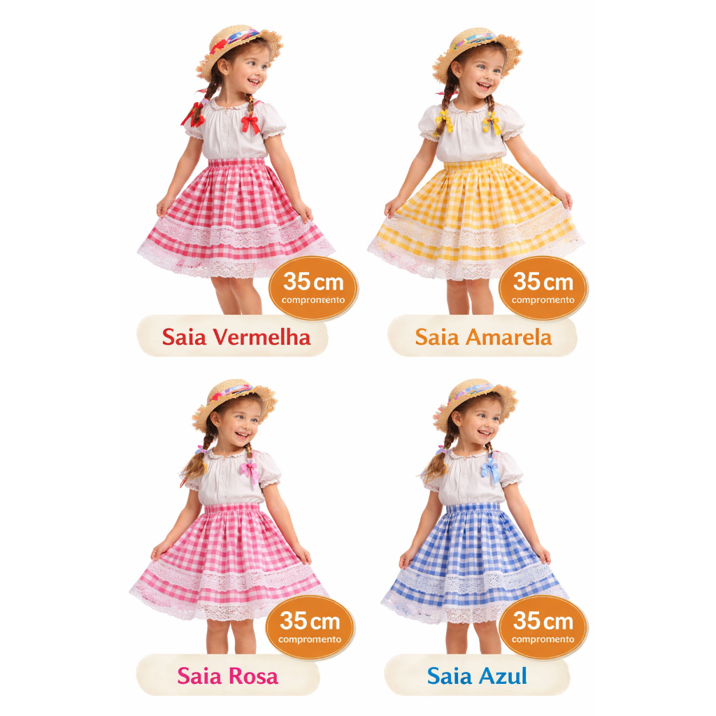 Saia Xadrez infantil com renda - festa junina