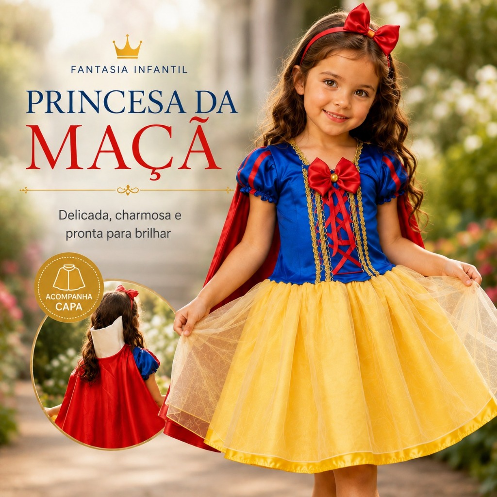 Vestido Fantasia Princesa de Luxo  Branca de Neve Curta Festa cosplay anivesário