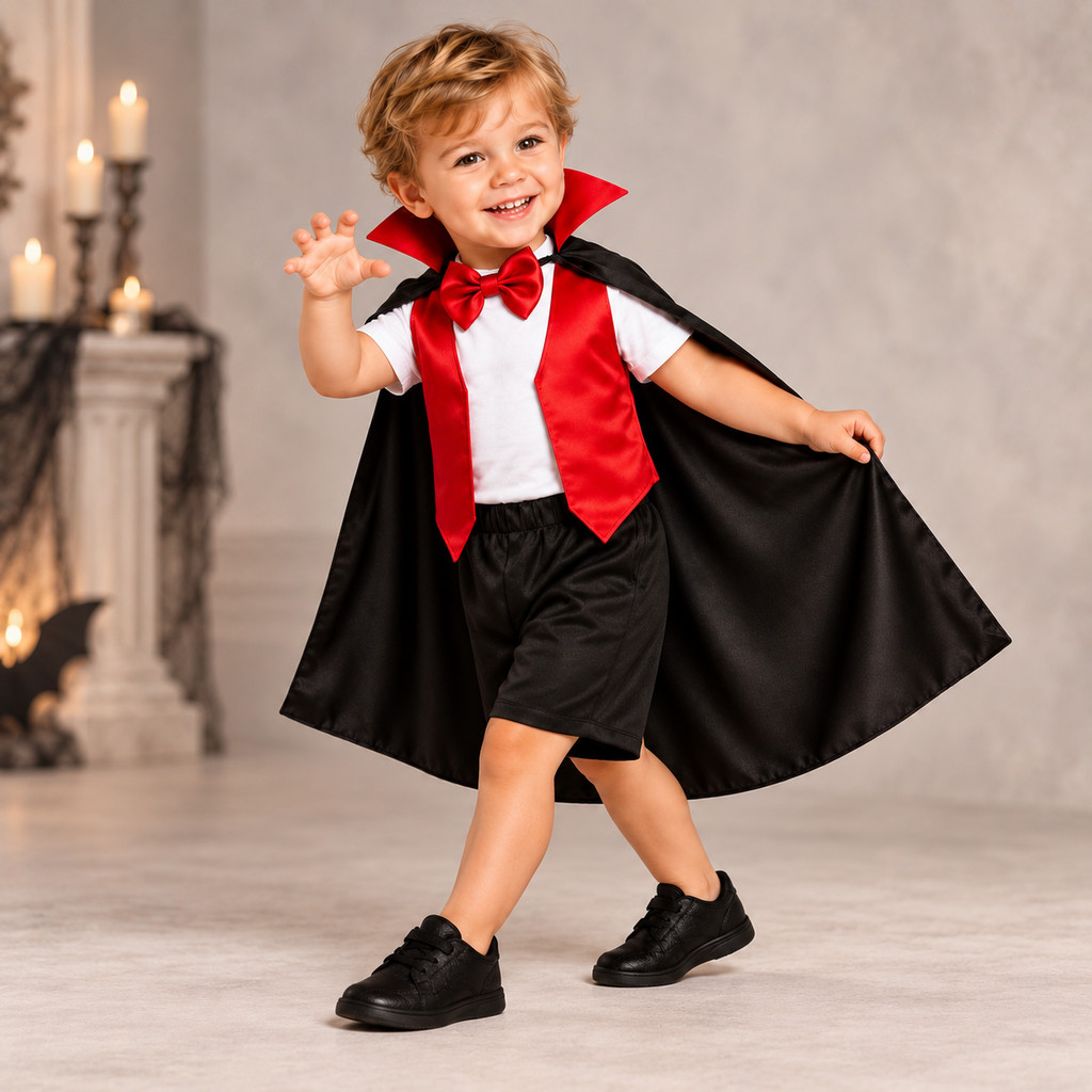 Fantasia Infantil Vampiro Sombrio com Capa Preta e Colete Vermelho para Halloween, Carnaval e Festa à Fantasia