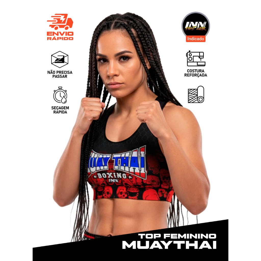 Top Feminino Muay Thai Red Fighting Skull Treino Feminino Sem Bojo