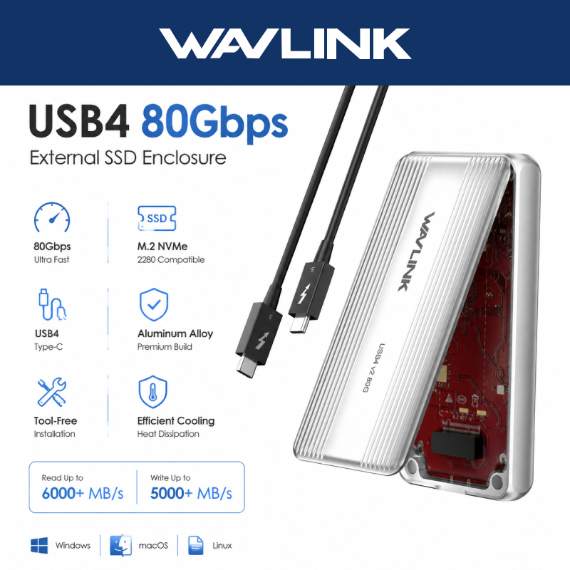 Gabinete SSD WAVLINK USB4 NVMe | Ventilador De Resfriamento Conecte E Jogue Compatível Com TB4/5 , USB4 Para MacOS/Windo