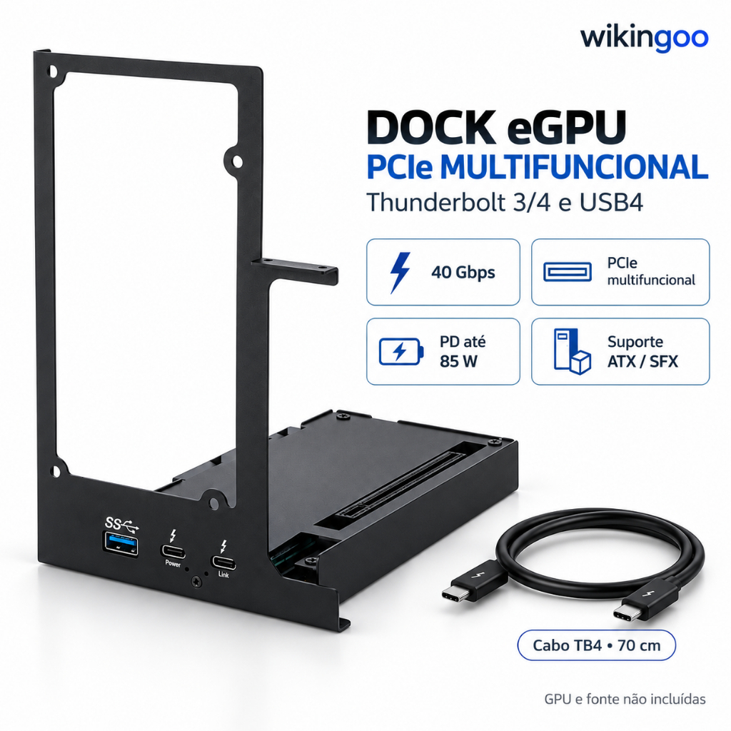 Dock eGPU Wikingoo Thunderbolt 3/4 USB4 PCIe x16 para Placa de Vídeo com PD 85W e Suporte ATX/SFX