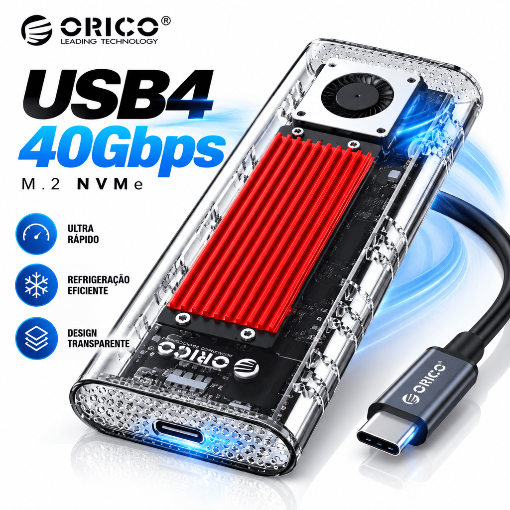 Case Gabinete SSD M.2 NVMe USB4 40Gbps Type-C Com Cooler