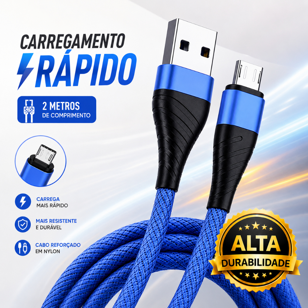 Kit 2 Cabos Carregador V8 (Micro USB) Carregamento Rápido 2 Metros Android Reforçado