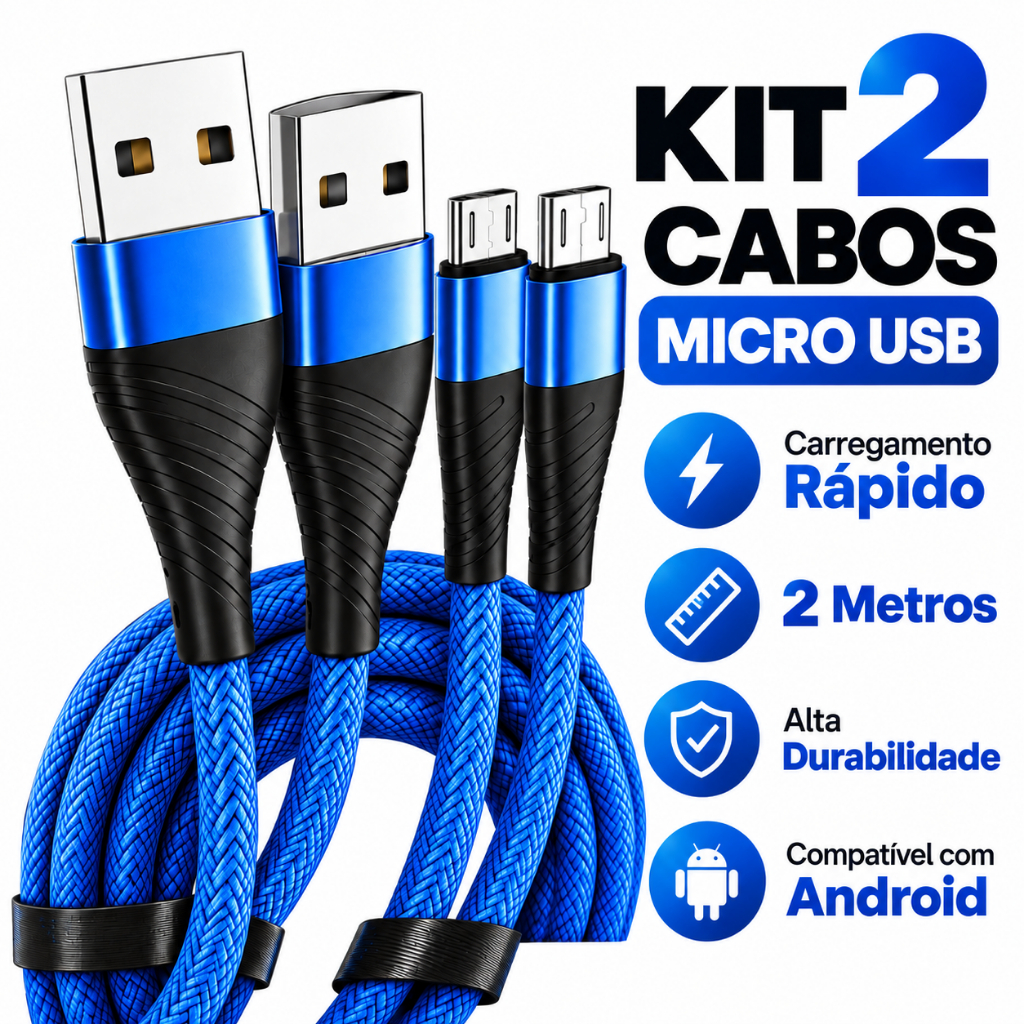 Kit 2 Cabos V8 2 Metros Micro-USB Reforçado Compatível Android