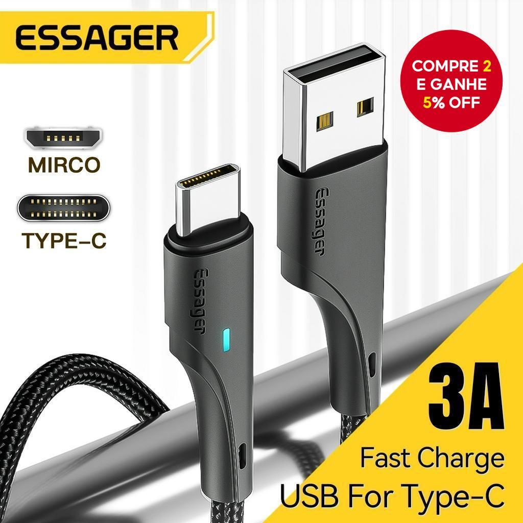 Essager 3A Tipo C/Micro/iP Usb 2m/3m Cabo de Dados de Carregamento Rápido 2 em 1 para Android